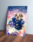Personalized "New York Doggos" canvas featuring a bulldog in a blue football uniform, holding a helmet, with "Frank" above.