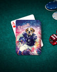 Personalized playing card featuring a bulldog in a football uniform, named Frank, on a green felt table.