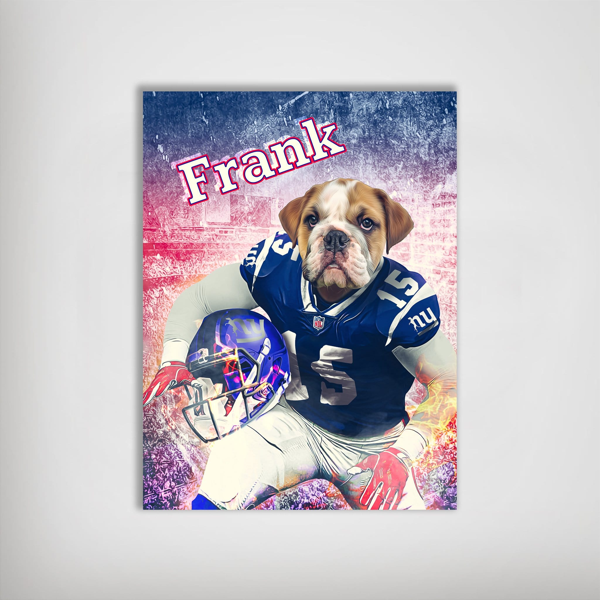 Personalized 'New York Doggos' poster featuring a bulldog in a blue football uniform, holding a helmet.