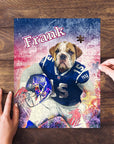 Personalized pet puzzle featuring a bulldog in a blue football uniform with "Frank" and a helmet.