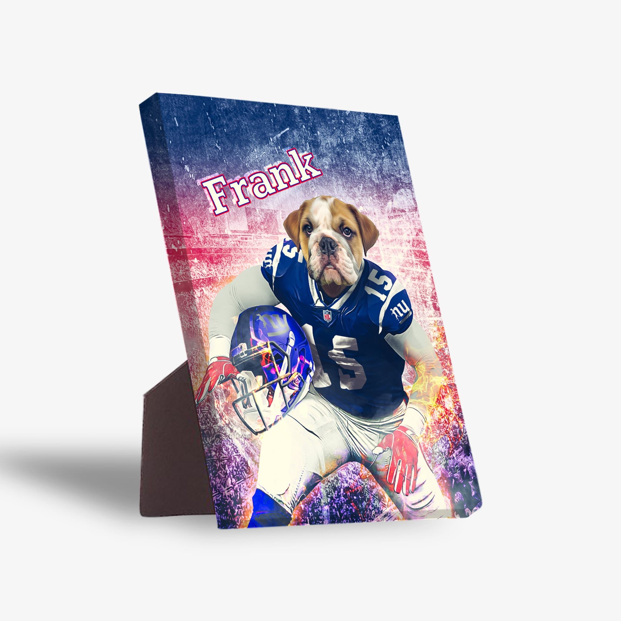 Personalized pet standing canvas featuring a bulldog in a blue football uniform with "Frank" above.