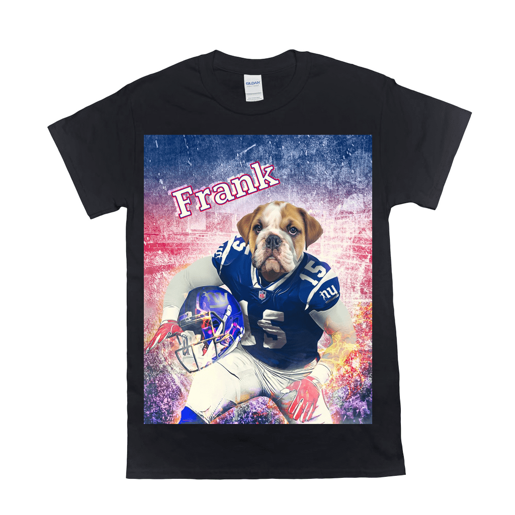 Black Gildan unisex t-shirt featuring a bulldog in a blue football jersey with "Frank" above.
