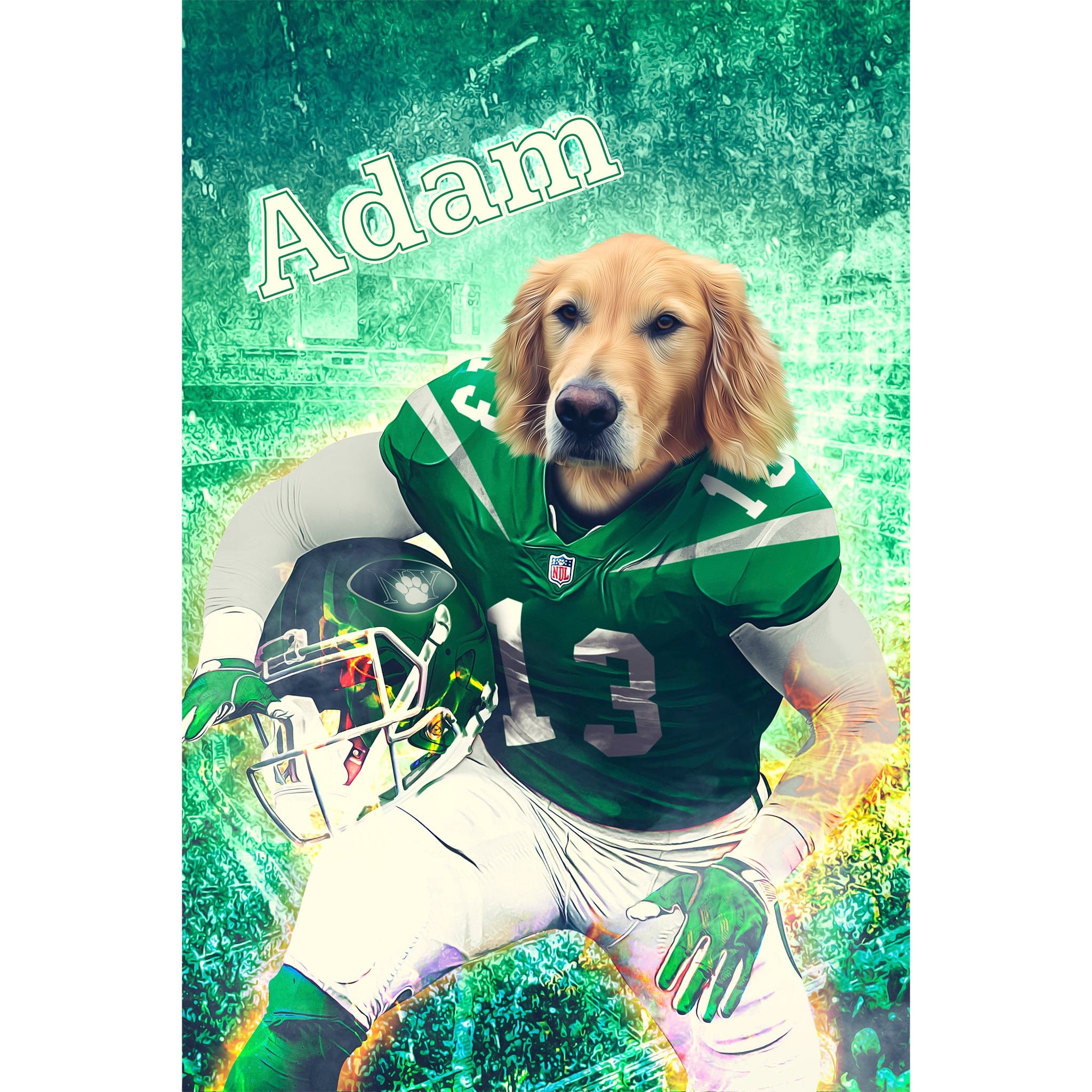 Personalized digital portrait of a golden retriever dog as a New York Jets football player.