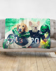 Custom personalized blanket with two pets, a golden retriever and a French bulldog, dressed as football players.
