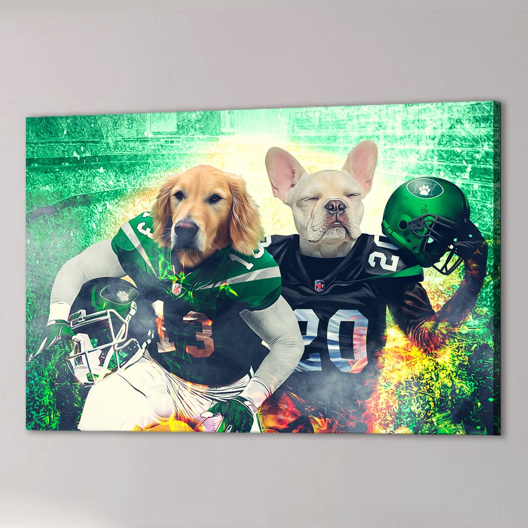 Personalized canvas featuring a Golden Retriever and French Bulldog in New York Jet-Doggos football uniforms.