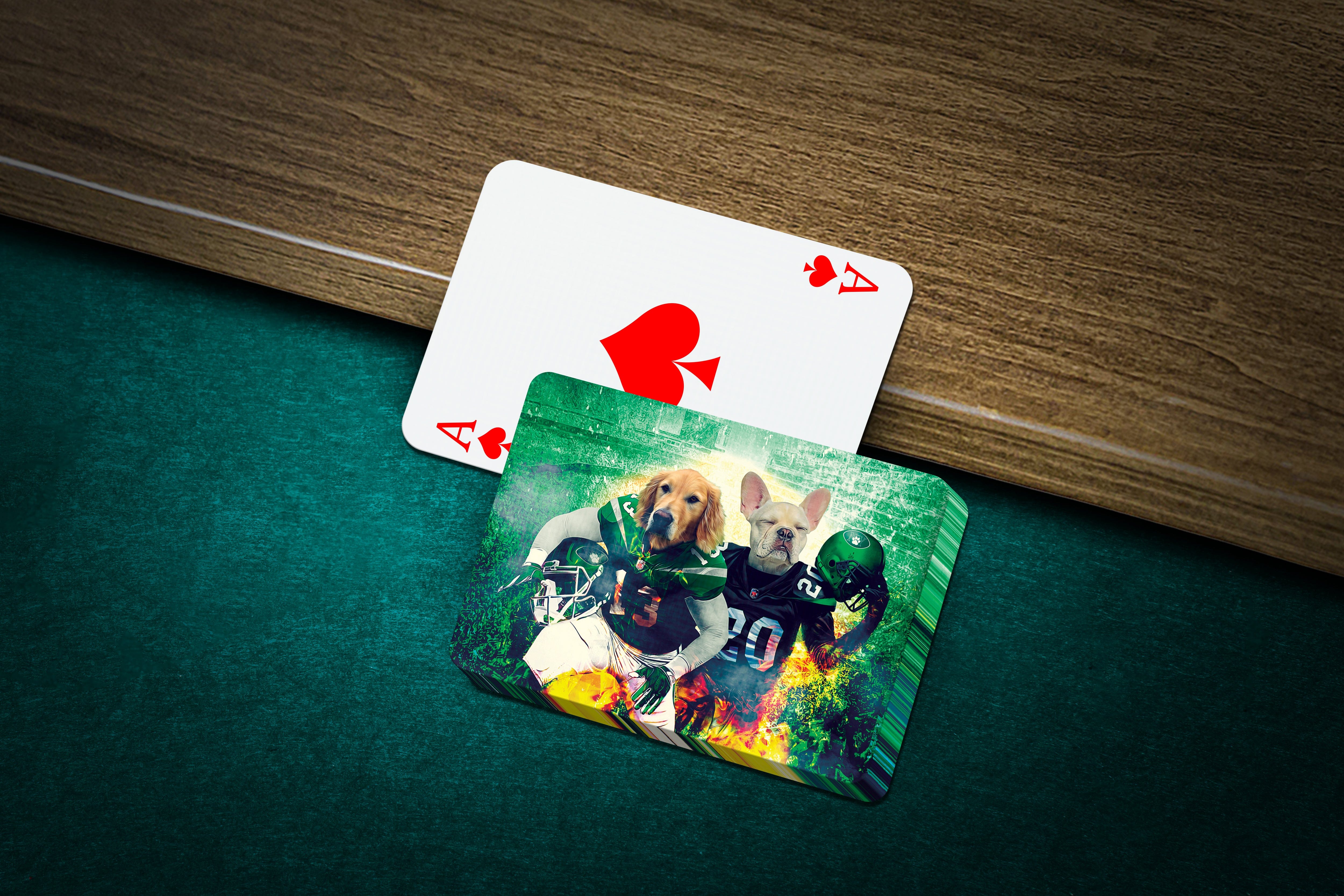 Personalized playing cards featuring two dogs in New York Jet-themed football uniforms.