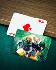 Personalized playing cards featuring two dogs in New York Jet-themed football uniforms.