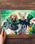 Personalized 2 pet puzzle featuring a Golden Retriever and French Bulldog in New York Jets football uniforms.
