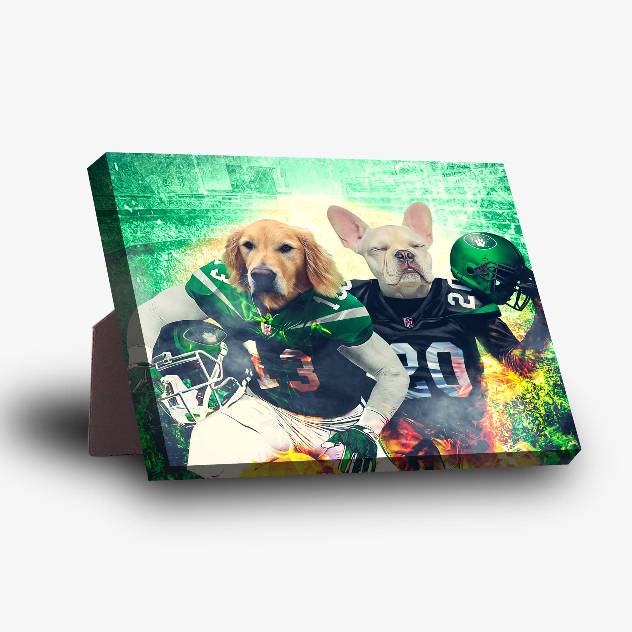 Personalized standing canvas featuring two pets as New York Jet-Doggos football players in green and black jerseys.