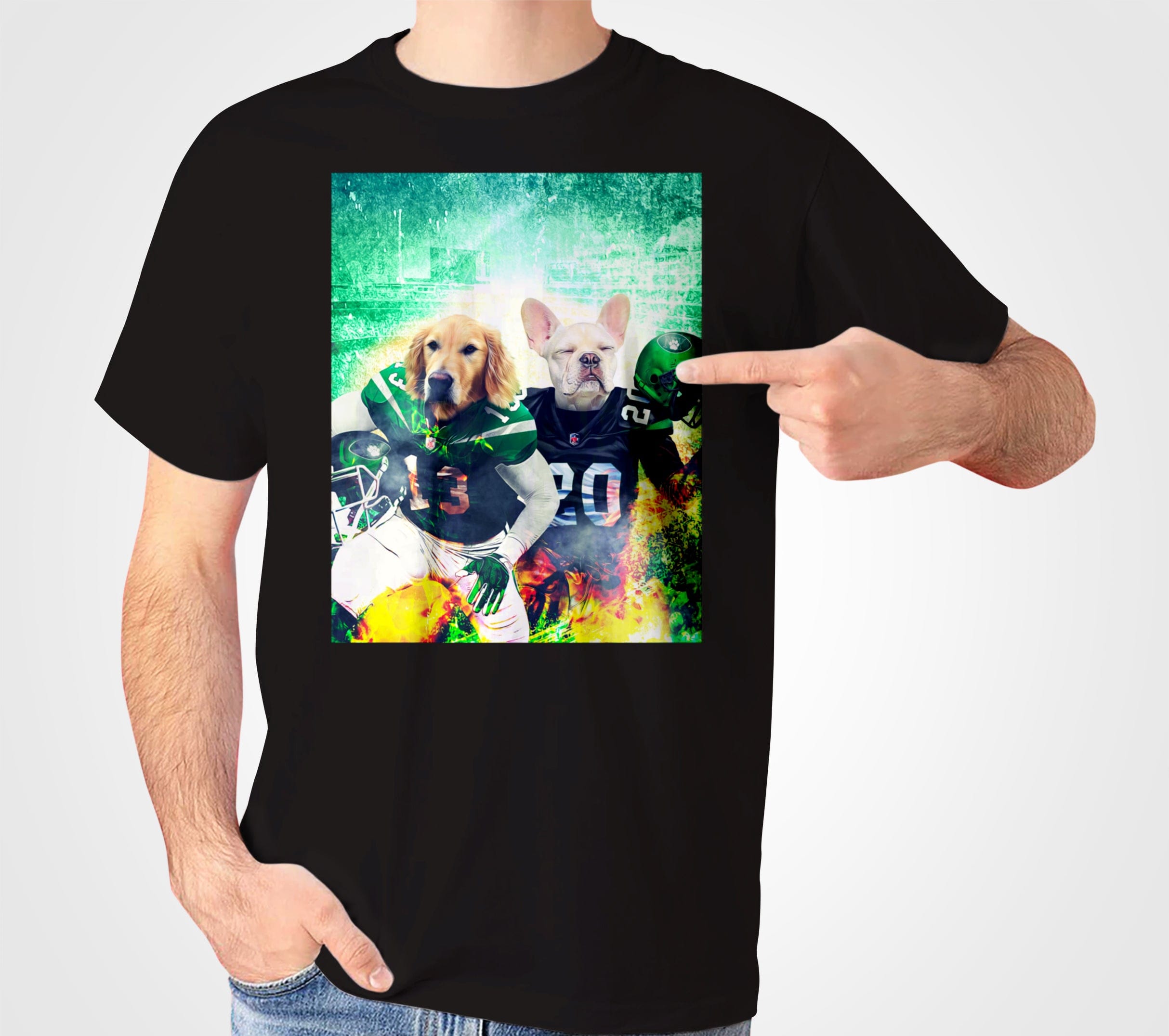 Black Gildan t-shirt featuring a Golden Retriever and French Bulldog in personalized football jerseys.