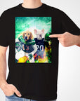 Black Gildan t-shirt featuring a Golden Retriever and French Bulldog in personalized football jerseys.