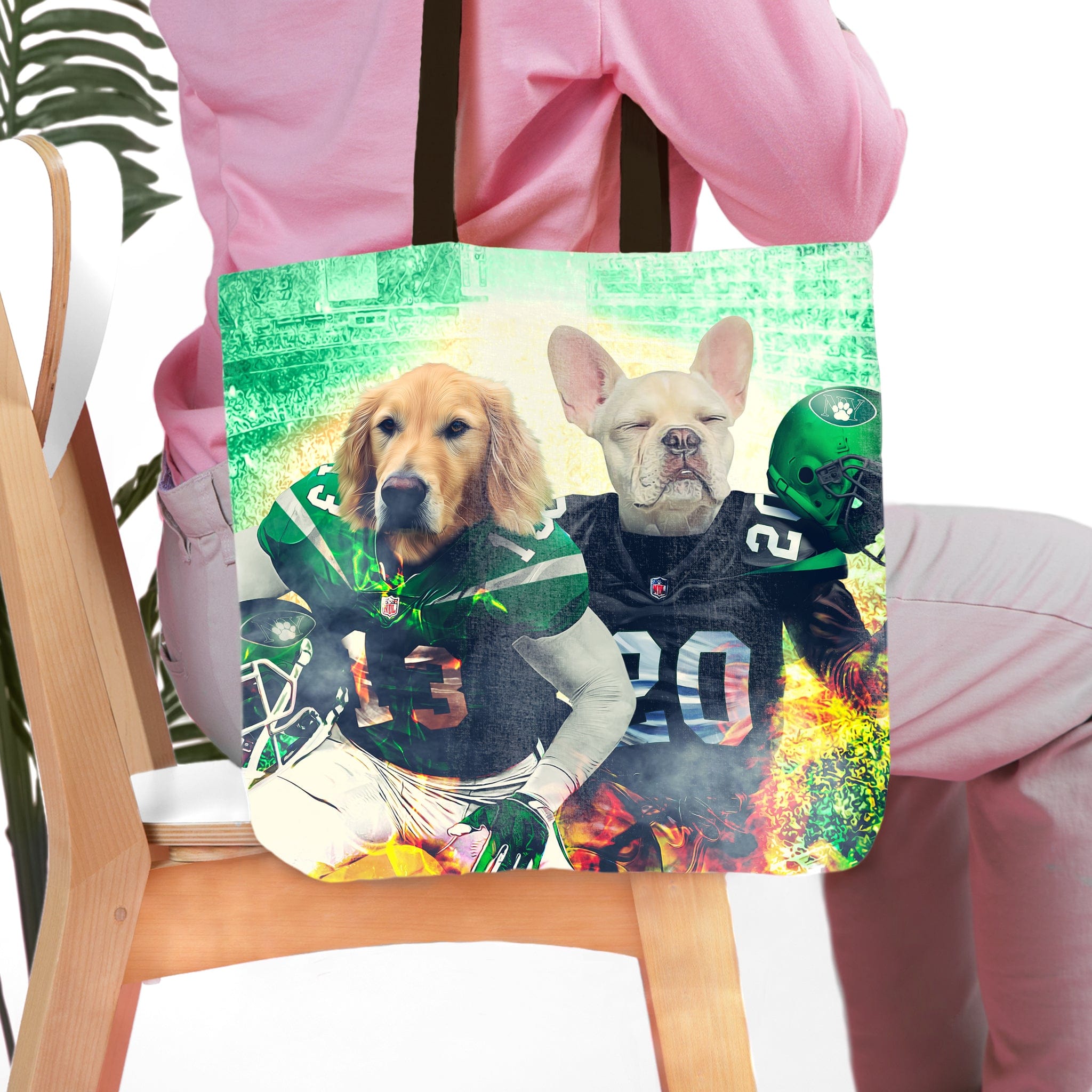 Personalized tote bag with two pets as New York Jet football players, a golden retriever and a French bulldog.
