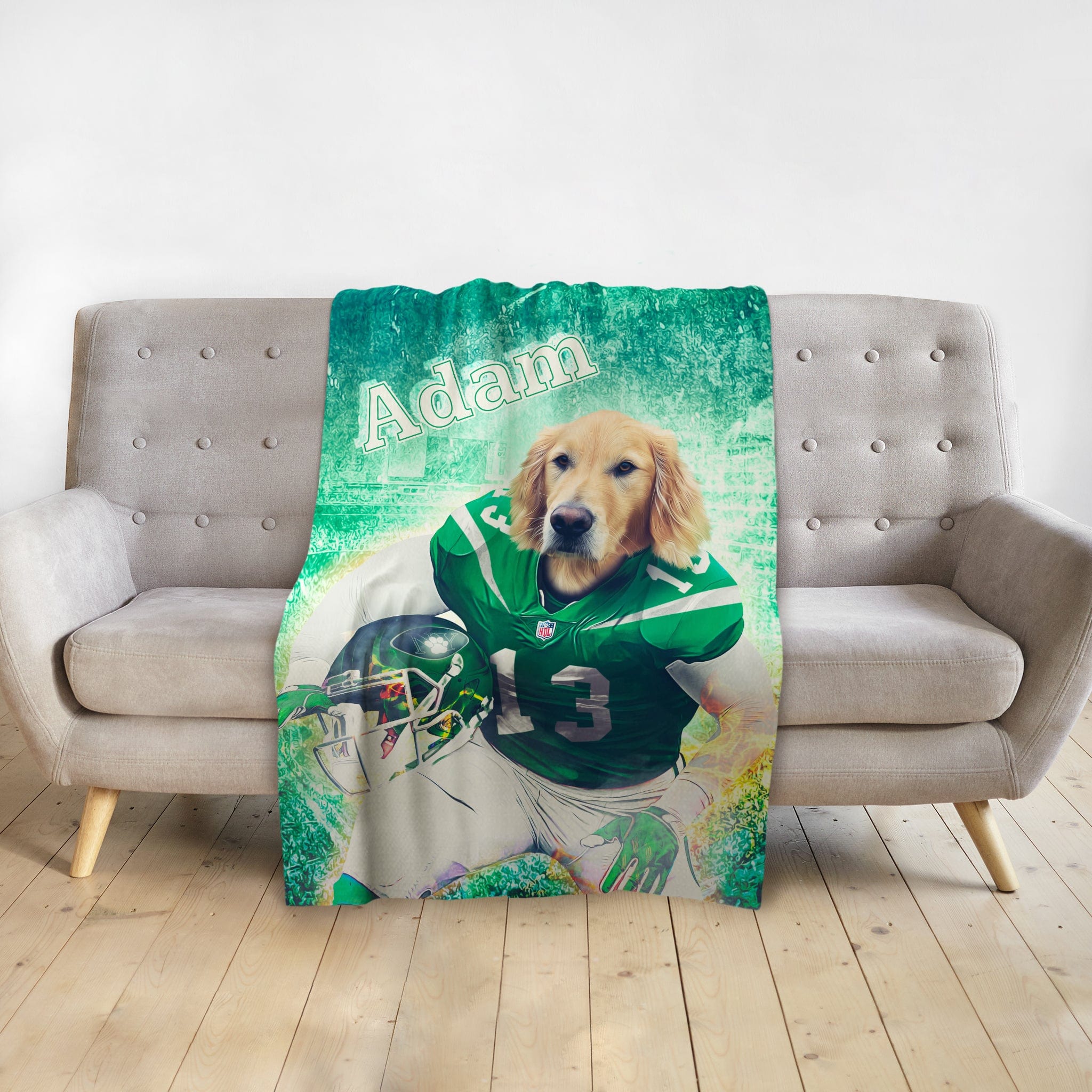 Personalized pet blanket with a golden retriever dog portrait in a green football uniform, named "Adam".