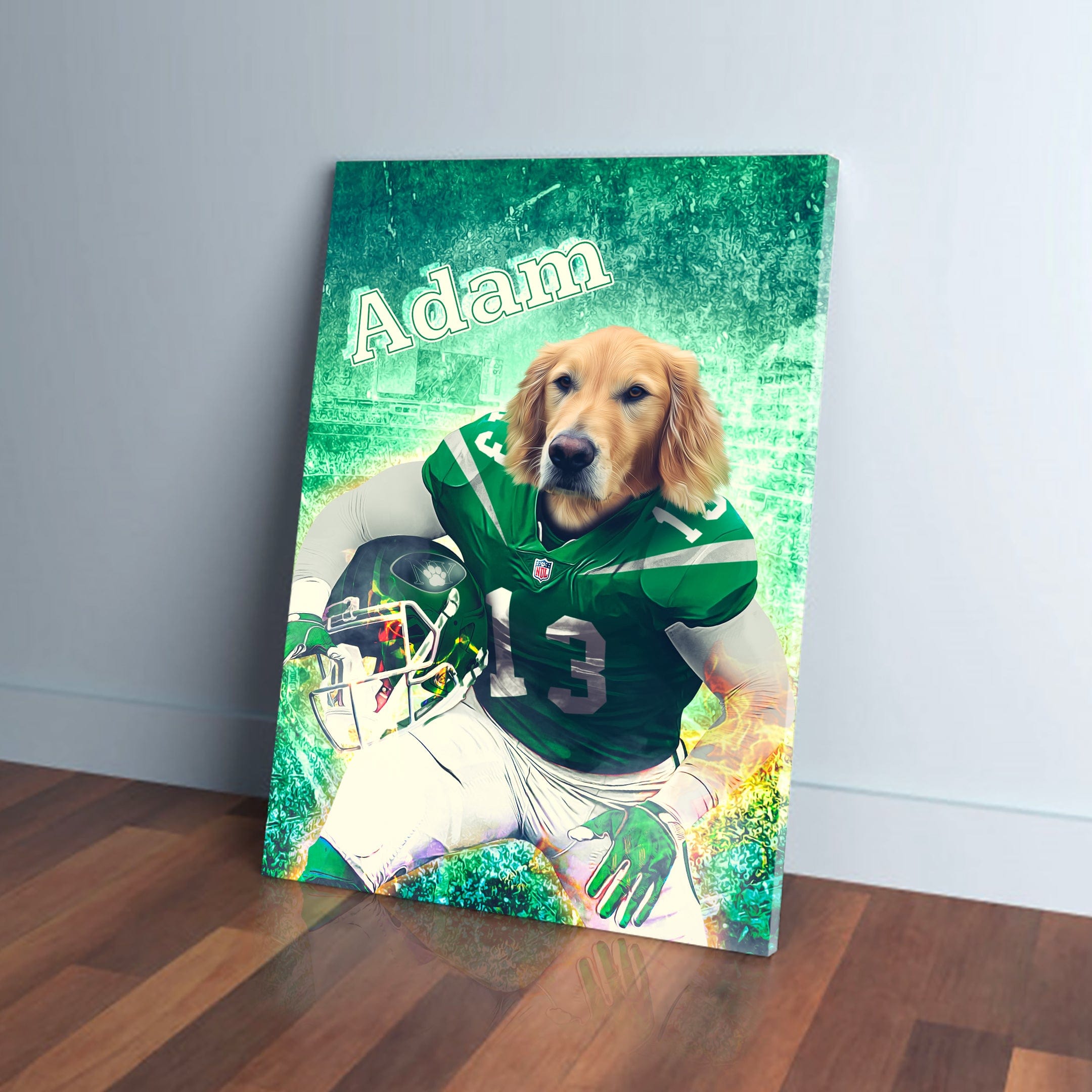 Personalized pet canvas featuring a golden retriever in a New York Jets football uniform, name "Adam" at top.