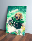 Personalized pet canvas featuring a golden retriever in a New York Jets football uniform, name "Adam" at top.
