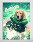 Personalized New York Jets-Doggos poster featuring a Golden Retriever in a green football uniform.
