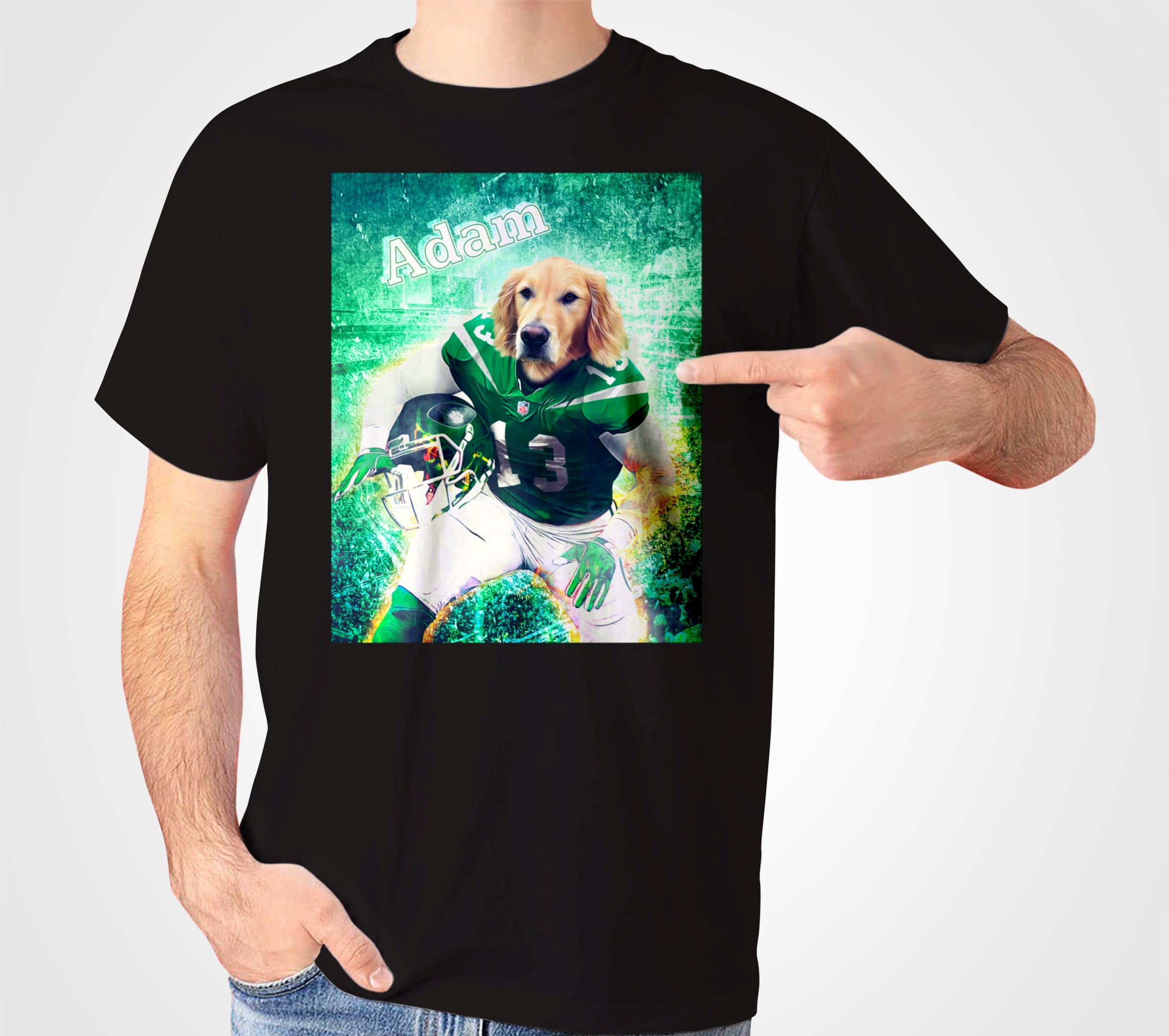 Black Gildan t-shirt with a golden retriever in a green New York Jets football uniform, personalized with "Adam.