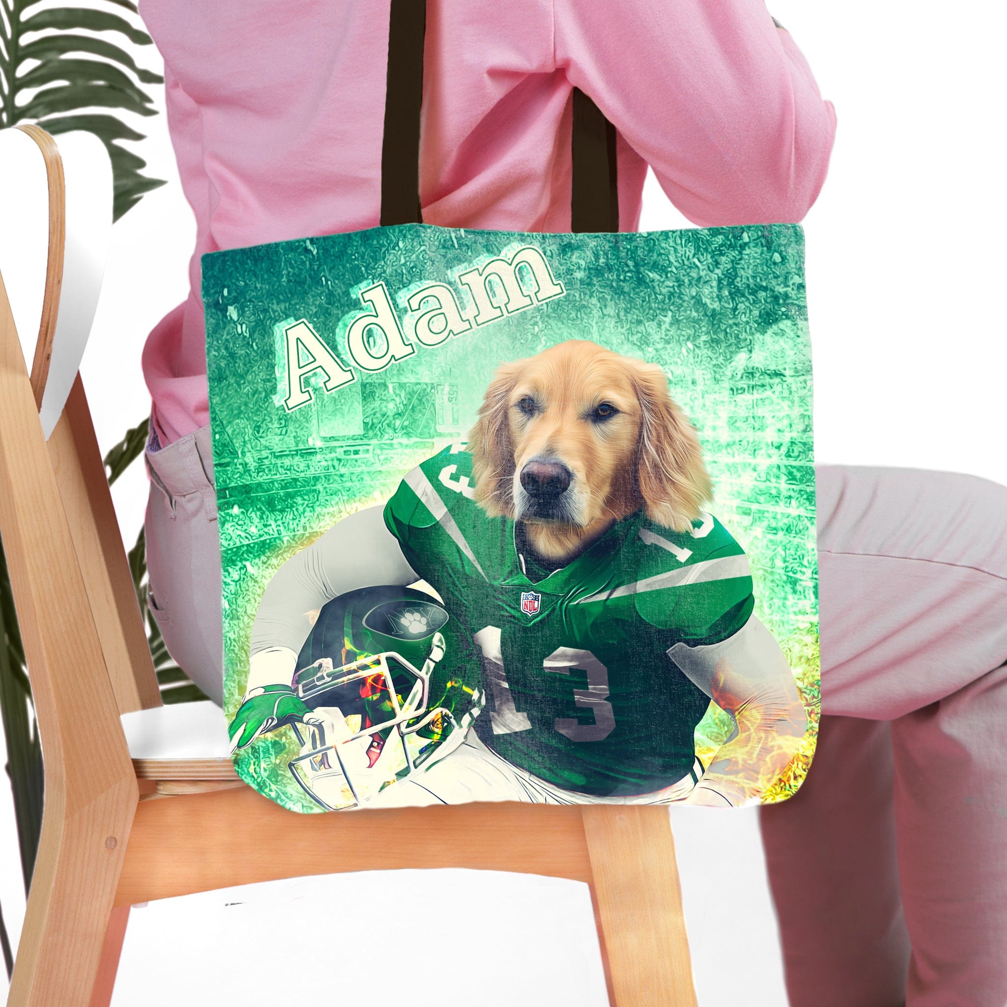 Personalized 'New York Jet-Doggos' tote bag with a custom Golden Retriever pet portrait in a football uniform.