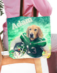 Personalized 'New York Jet-Doggos' tote bag with a custom Golden Retriever pet portrait in a football uniform.