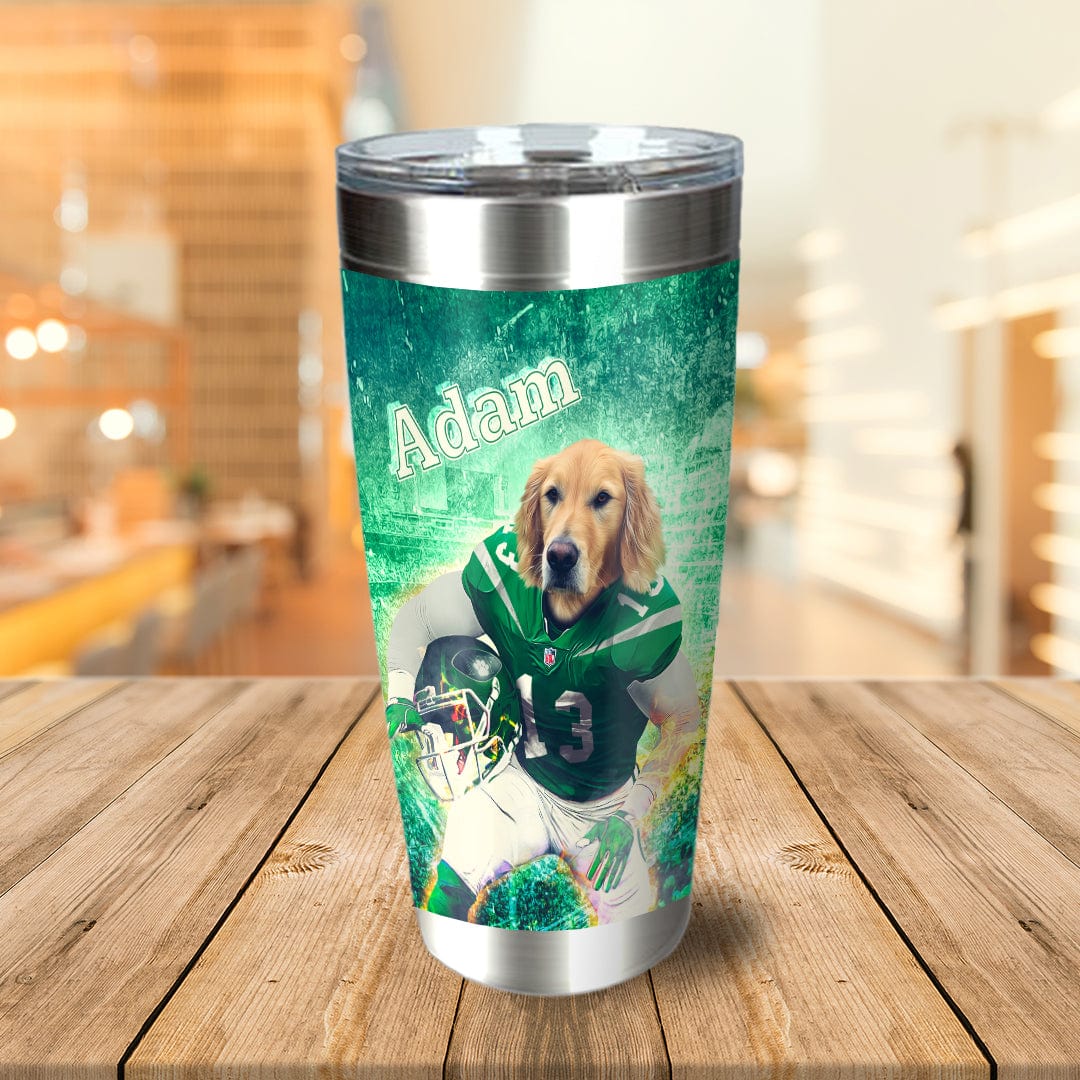 Personalized stainless steel tumbler with a golden retriever in a New York Jets football uniform.