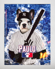 Personalized "New York Yankers" pet poster featuring a French Bulldog in a baseball uniform with a bat.