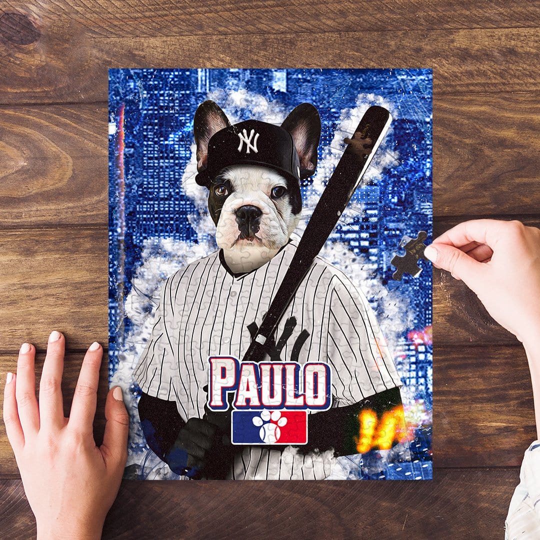 Personalized pet puzzle featuring a French bulldog in a baseball uniform and Yankees cap.