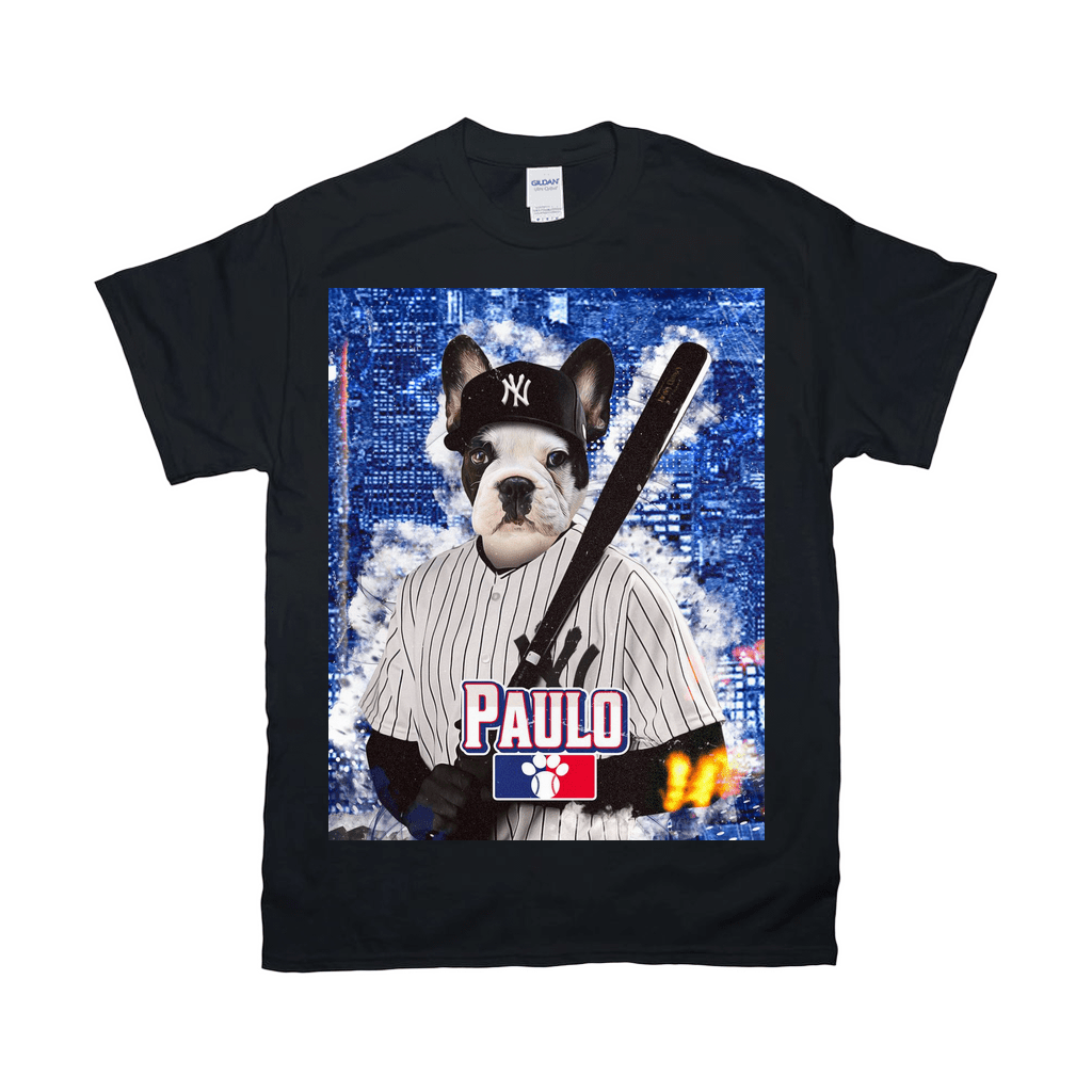 Black Gildan t-shirt featuring a personalized French Bulldog in a pinstripe baseball uniform, Yankees hat, and bat.