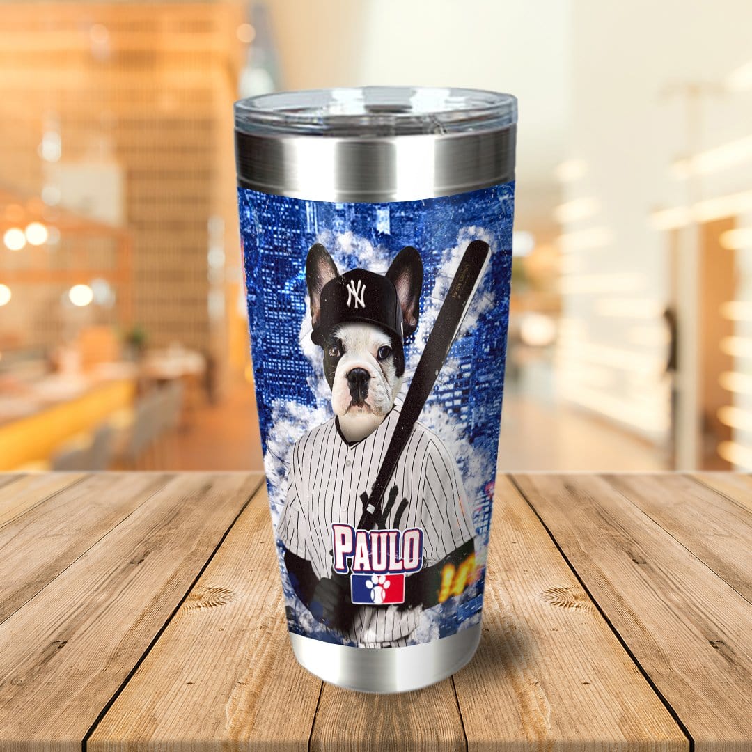 Personalized stainless steel tumbler with a custom portrait of a French Bulldog in a New York Yankees baseball uniform.