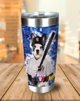 Personalized stainless steel tumbler with a custom portrait of a French Bulldog in a New York Yankees baseball uniform.