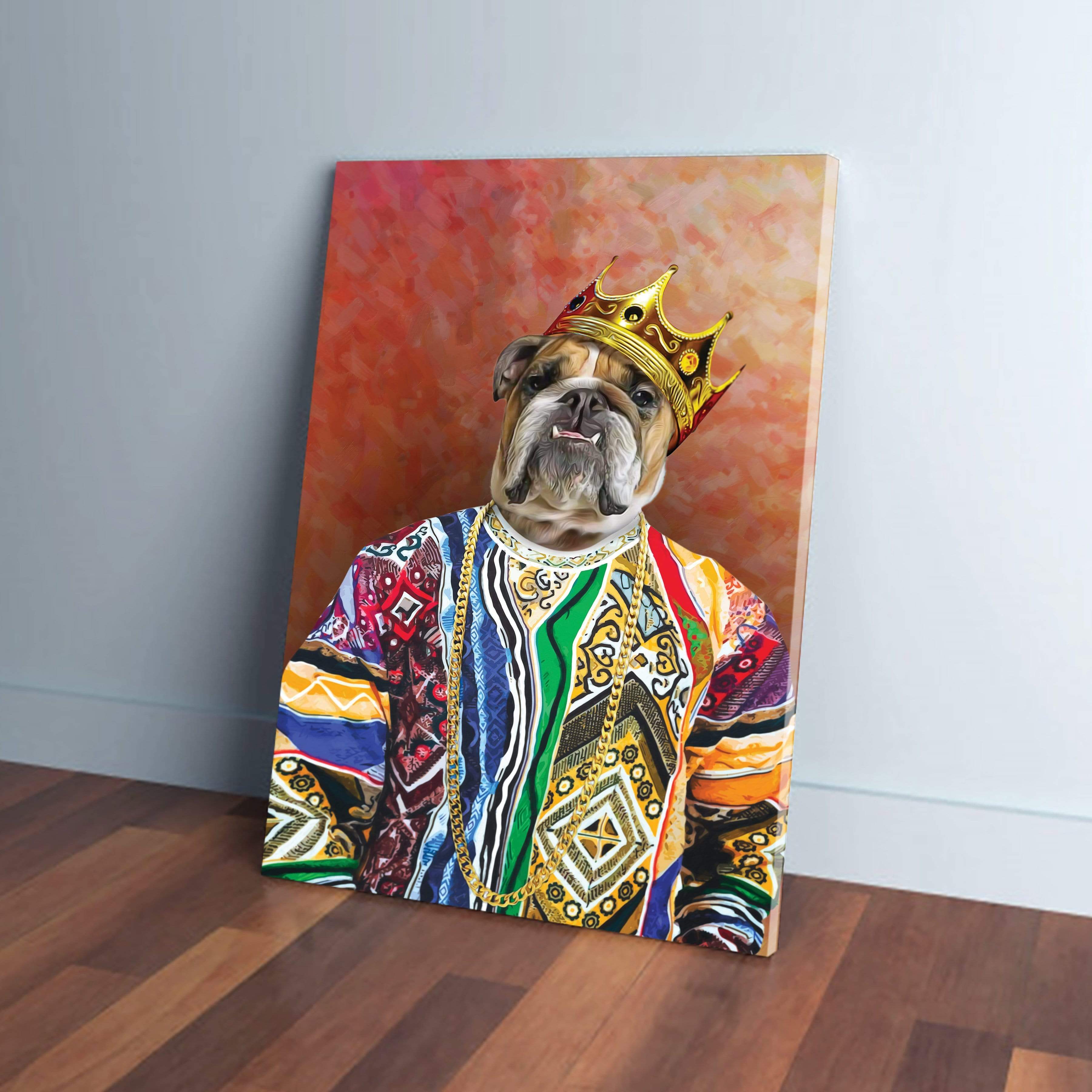 Personalized canvas of a bulldog wearing a gold crown, colorful sweater, and chains, leaning against a wall.