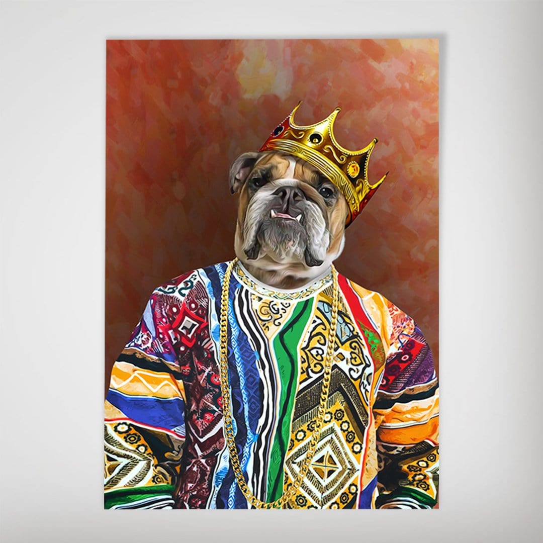 Personalized "Notorious D.O.G." poster featuring a bulldog in a colorful sweater, gold chains, and a crown.