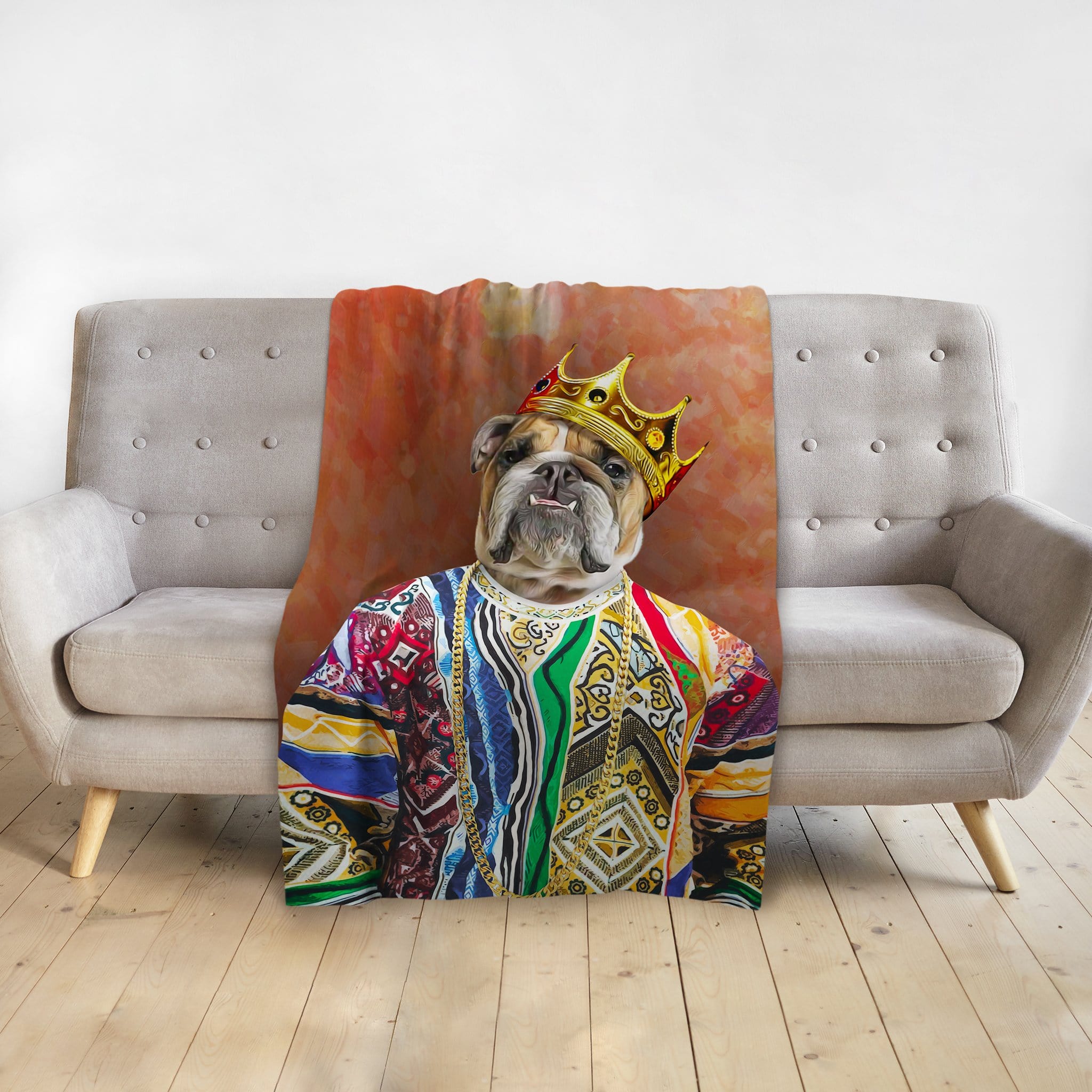 Custom personalized pet blanket featuring a bulldog in a colorful renaissance-style royal portrait.