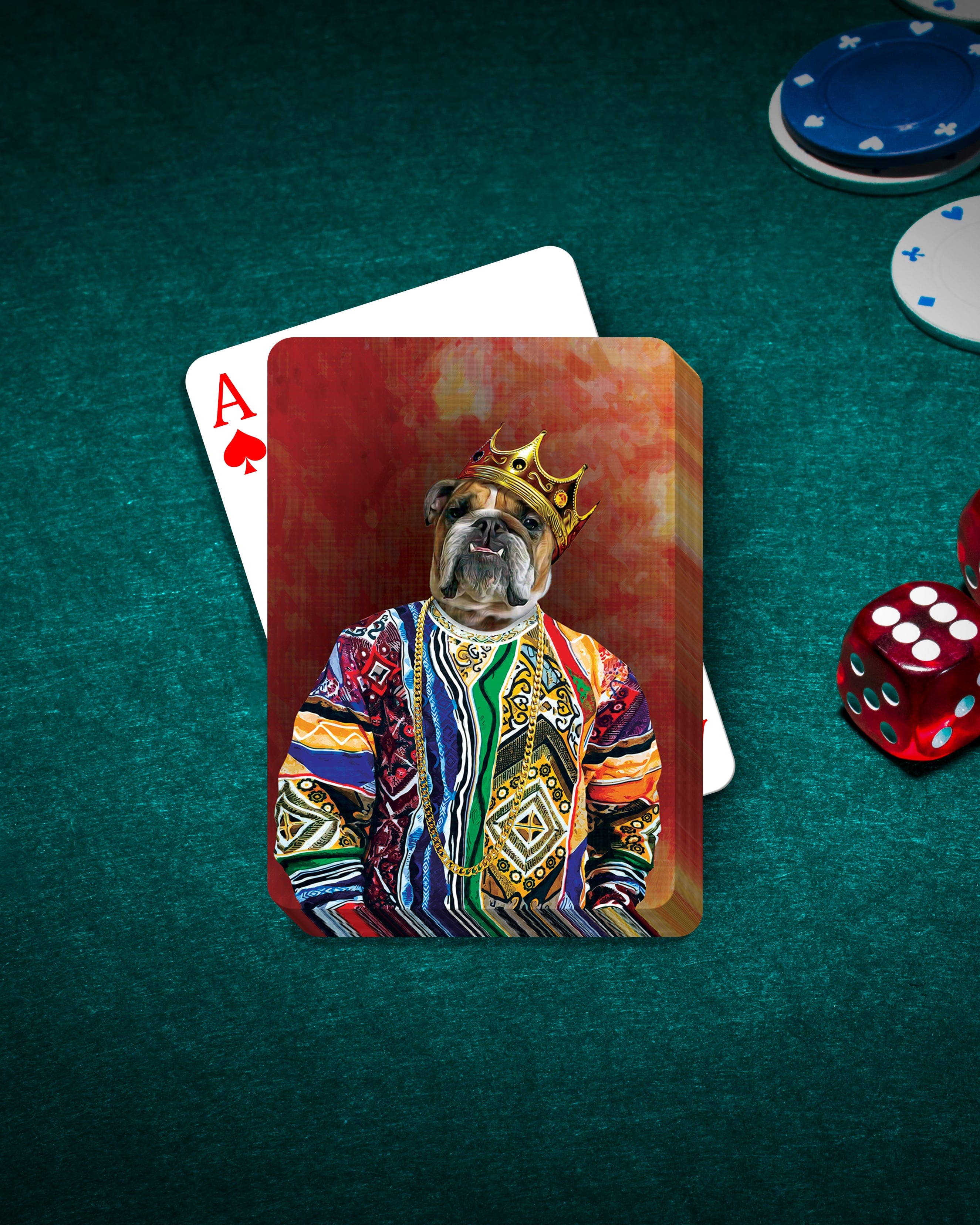 Personalized playing cards featuring a bulldog in a crown and colorful outfit on a green poker table.