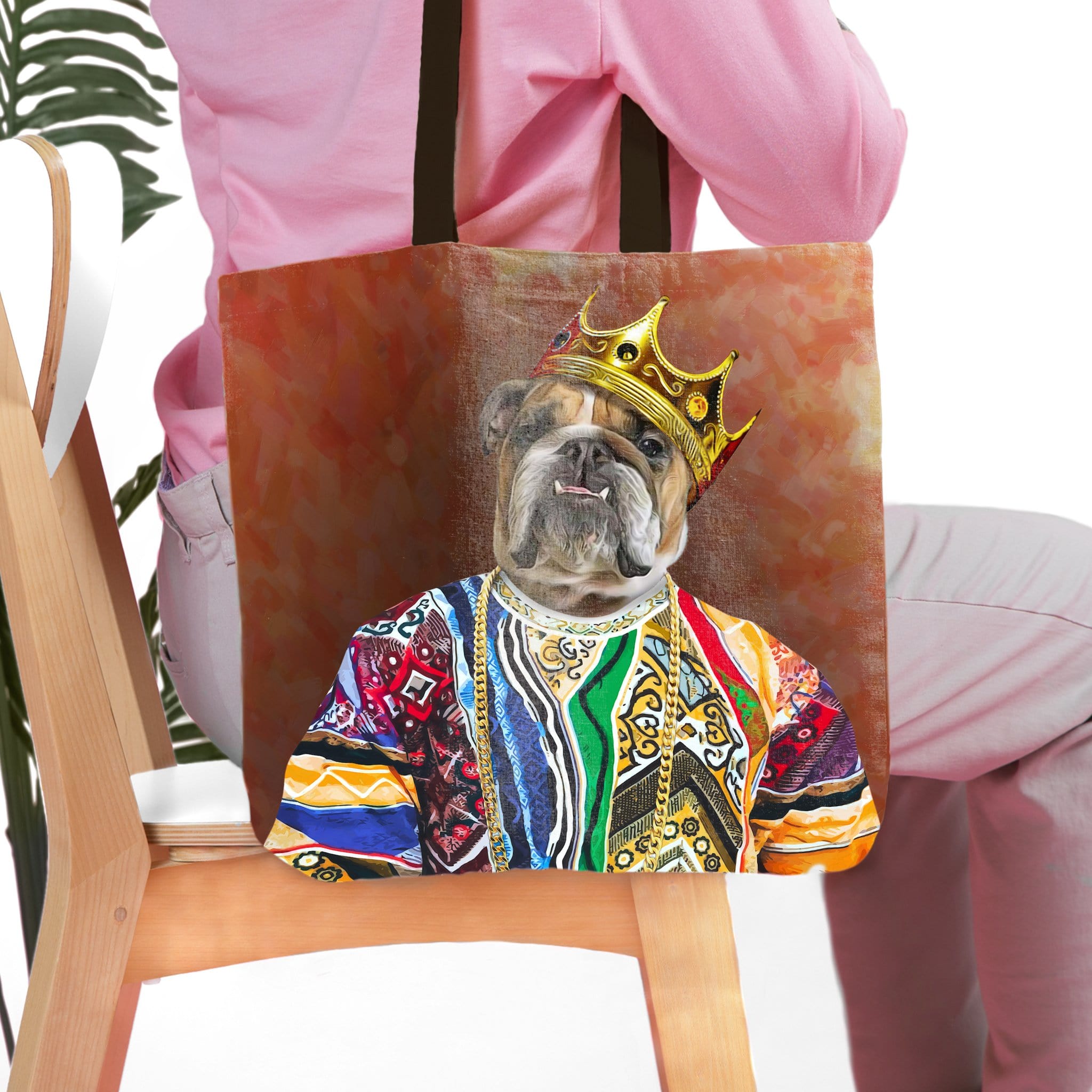 Personalized "Notorious D.O.G." tote bag with a bulldog pet portrait wearing a crown and colorful shirt.