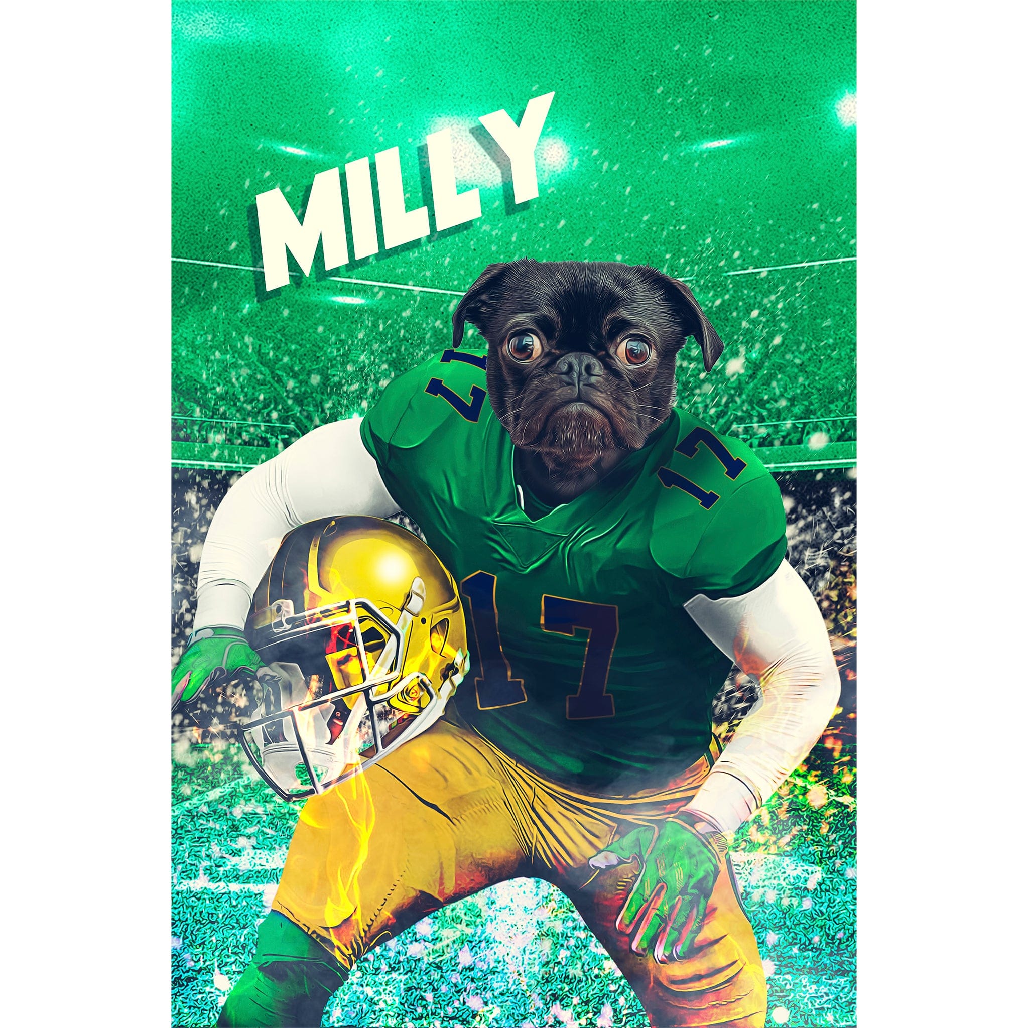Custom digital portrait of a black pug in a green and gold football uniform, named Milly.
