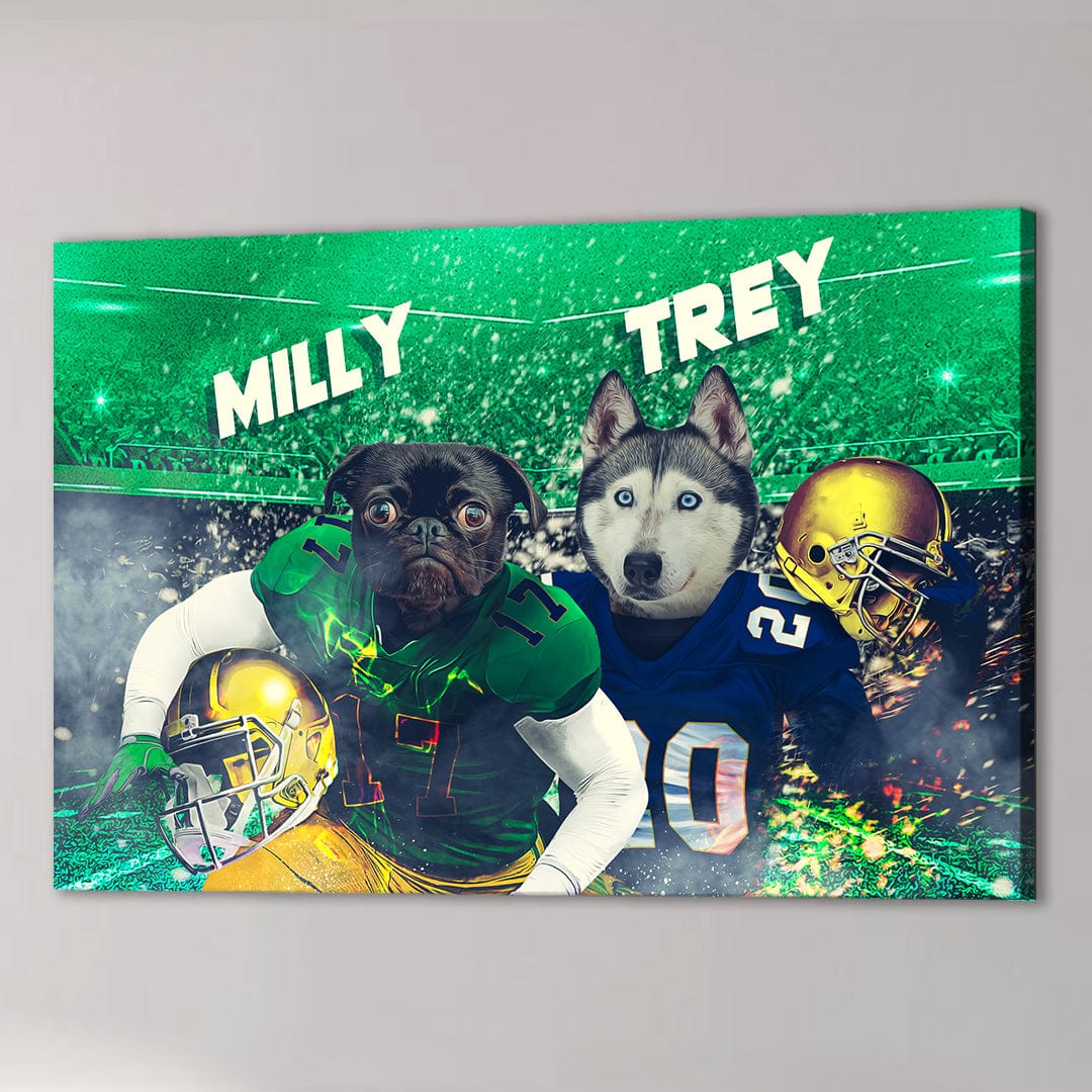 Personalized canvas featuring a pug and husky in football uniforms on a green stadium background.