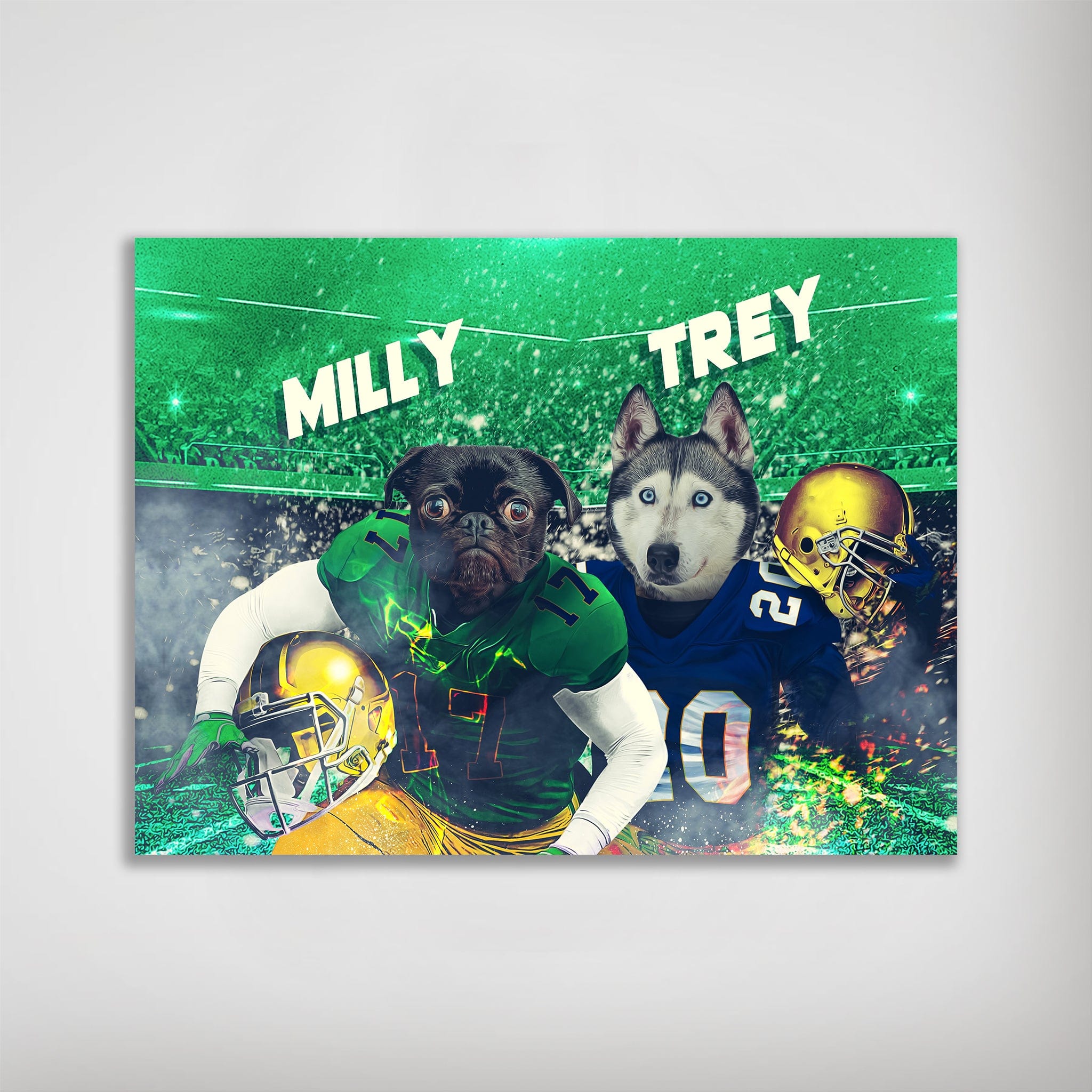 Personalized 'Notre Dame Doggos' poster featuring a pug and husky in football uniforms on a green field.