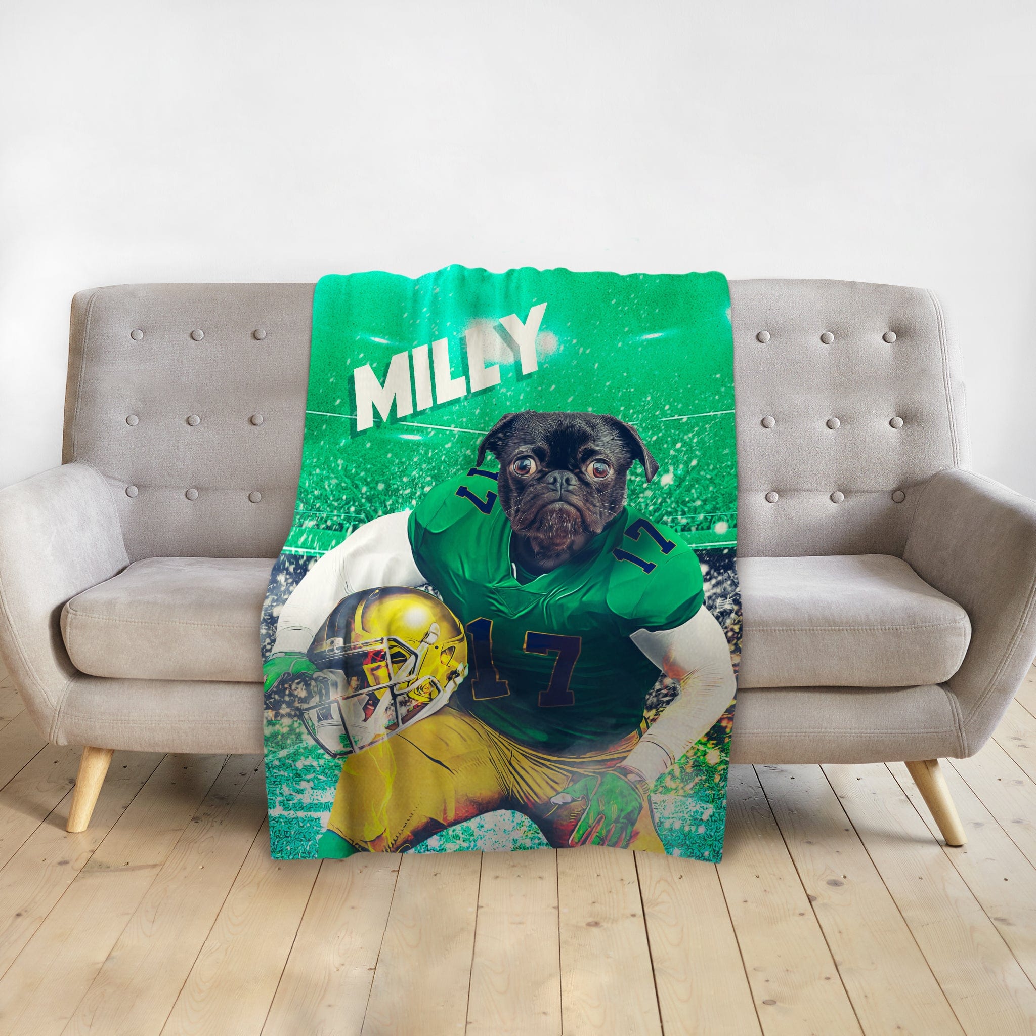 Personalized pet blanket with a pug in a green football uniform, holding a helmet.