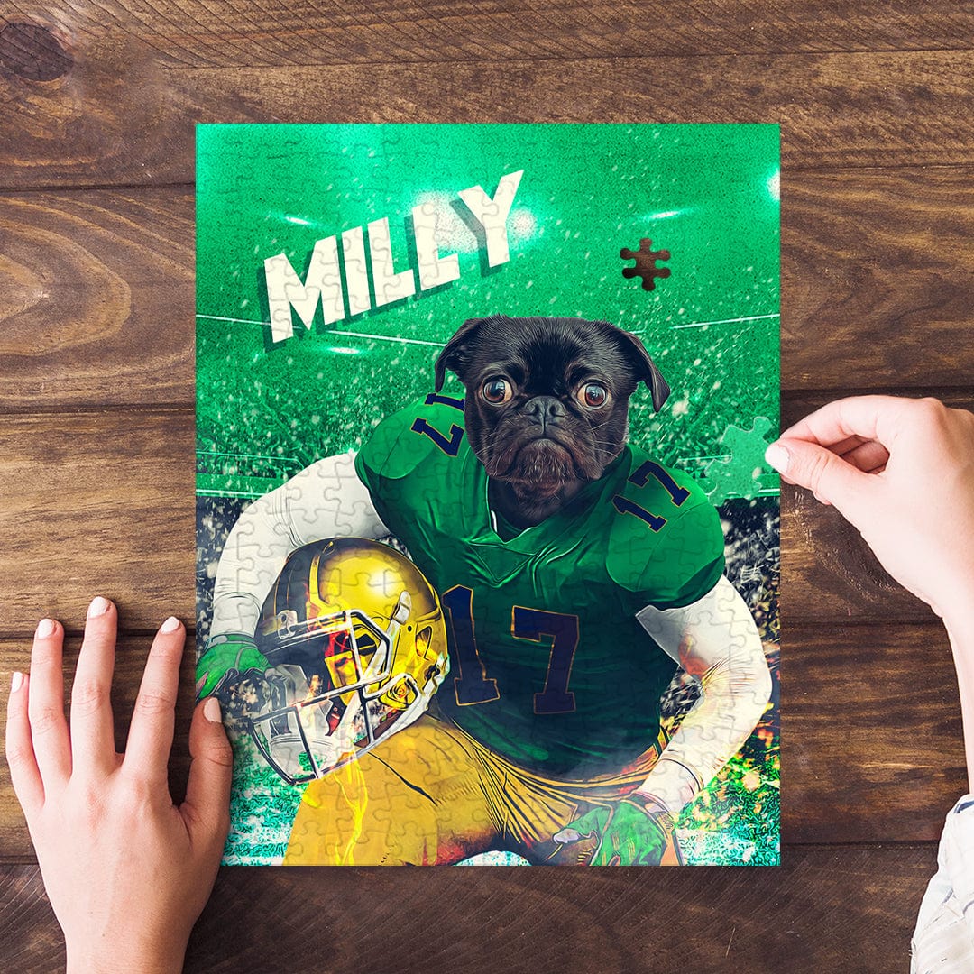 Personalized pet puzzle featuring a black pug in a green football uniform, with the name "Miley.