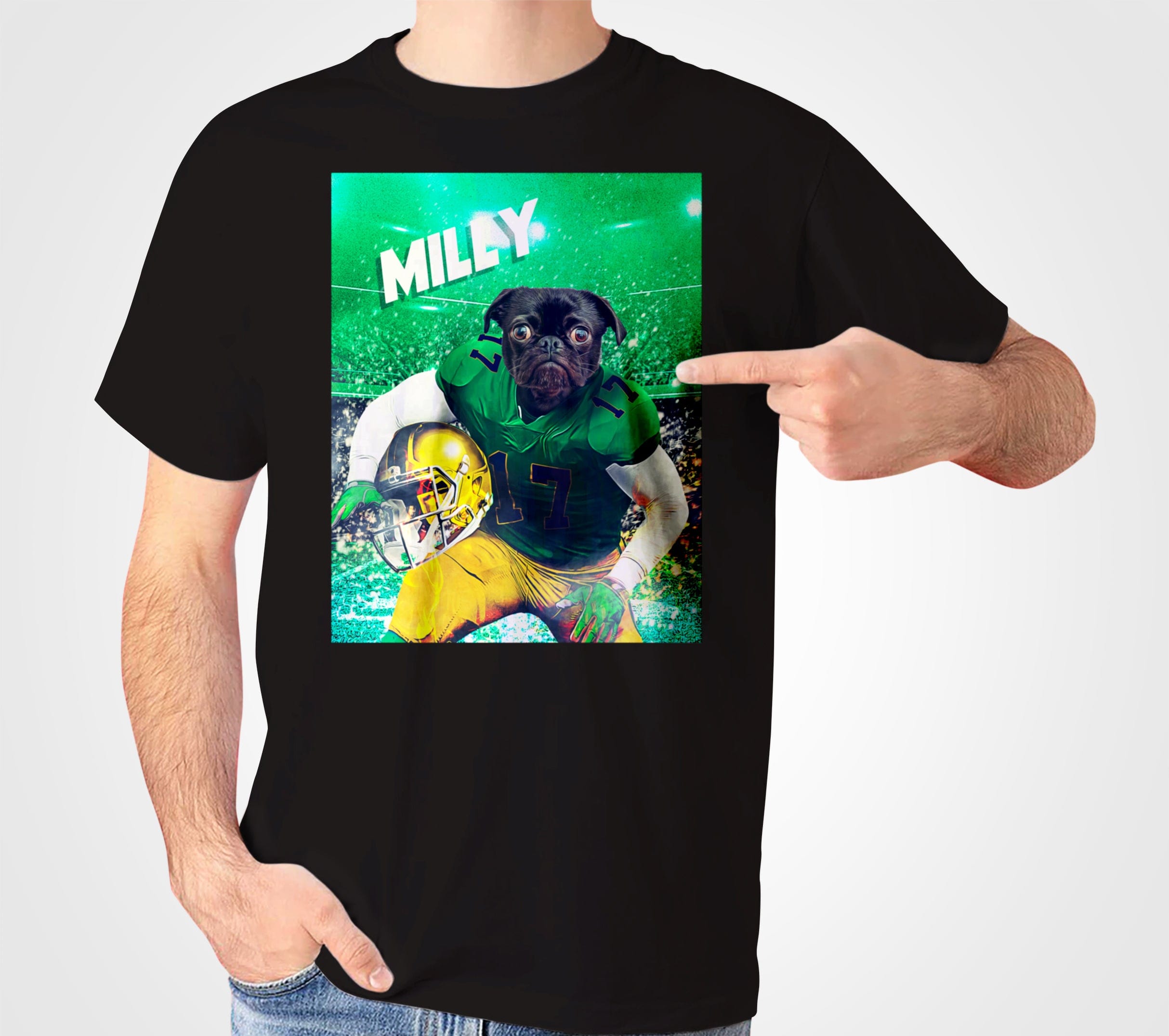 Black Gildan t-shirt featuring a pug in a green football uniform with a helmet, on a stadium background.