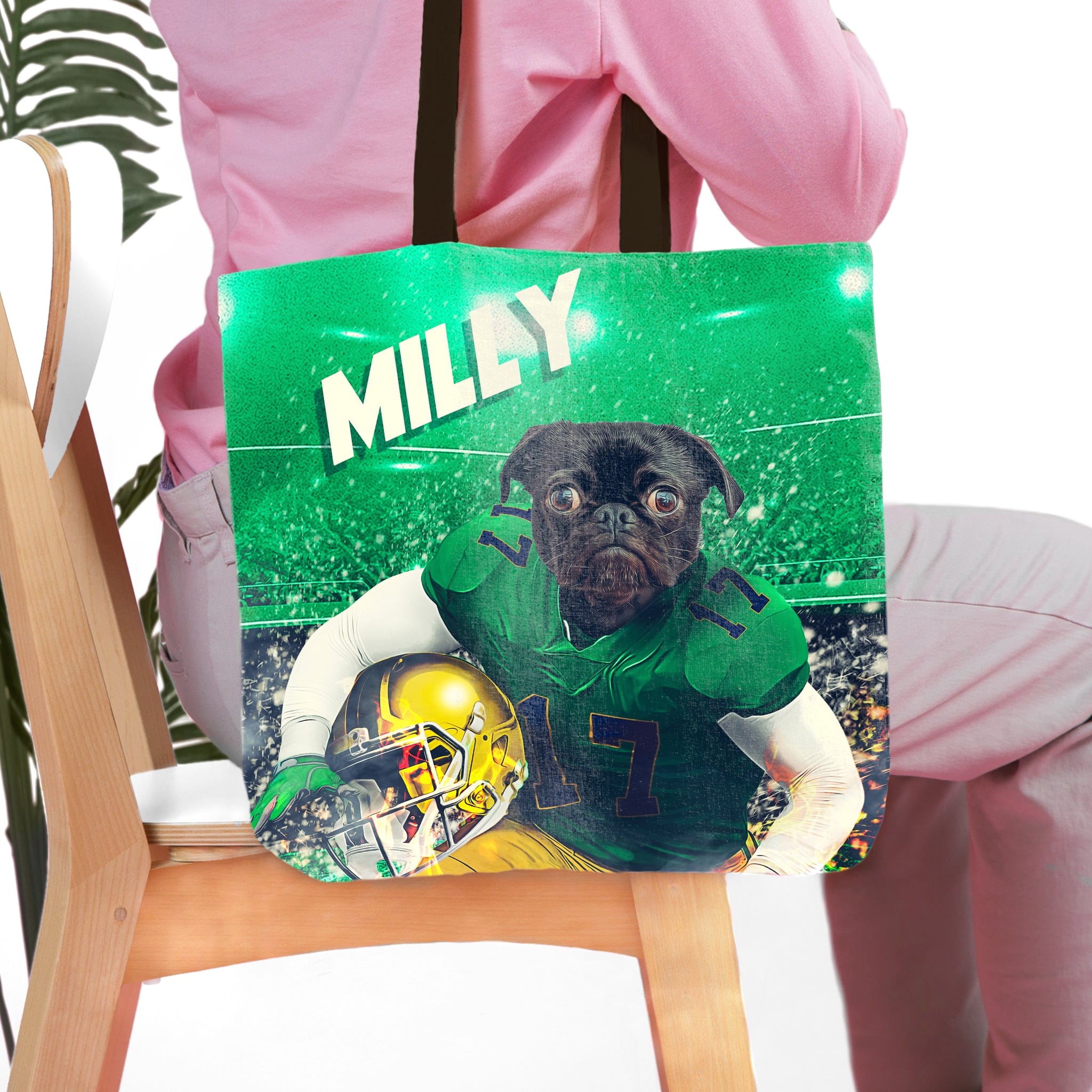 Personalized green tote bag with a pug dog portrait in a football uniform, holding a helmet.