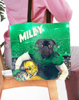 Personalized green tote bag with a pug dog portrait in a football uniform, holding a helmet.