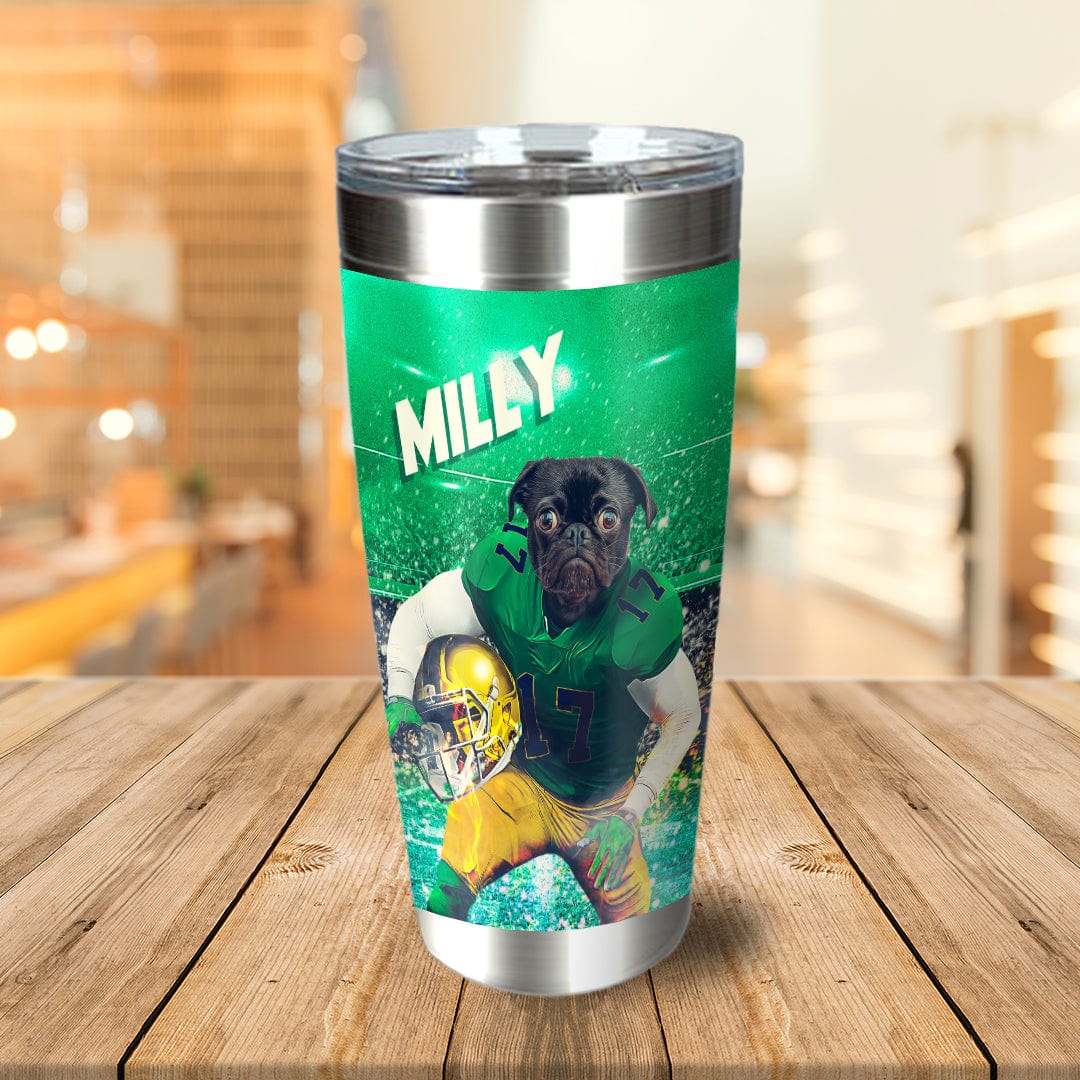 Personalized stainless steel tumbler with a custom portrait of a pug in a green football uniform.