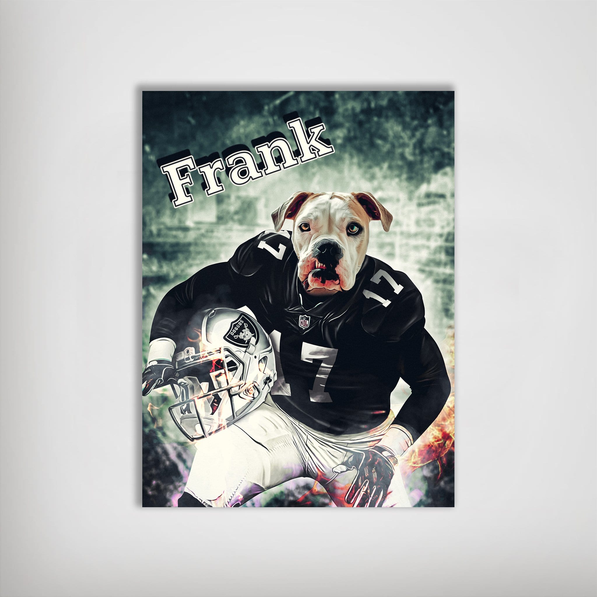 Personalized "Oakland Doggos" poster featuring a bulldog's head on a football player in a black Raiders uniform, holding a silver helmet.