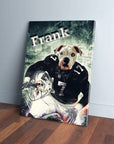 Personalized pet canvas featuring a dog's head on a football player's body, wearing a black Raiders uniform.