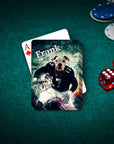 Personalized playing card featuring a dog in an Oakland Raiders football uniform, "Frank" on card.
