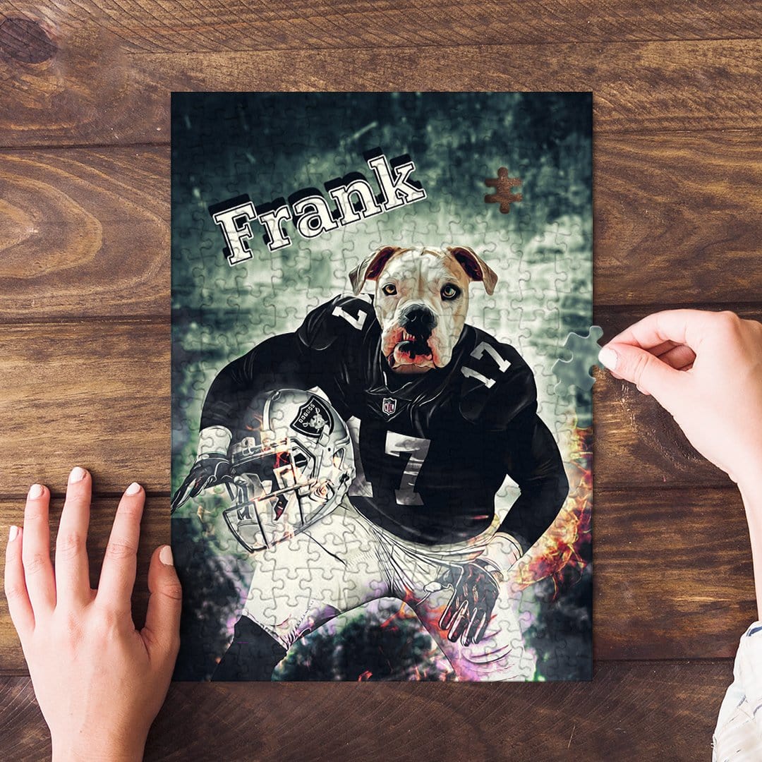 Personalized pet puzzle featuring a dog's head on a football player's body in a black uniform.