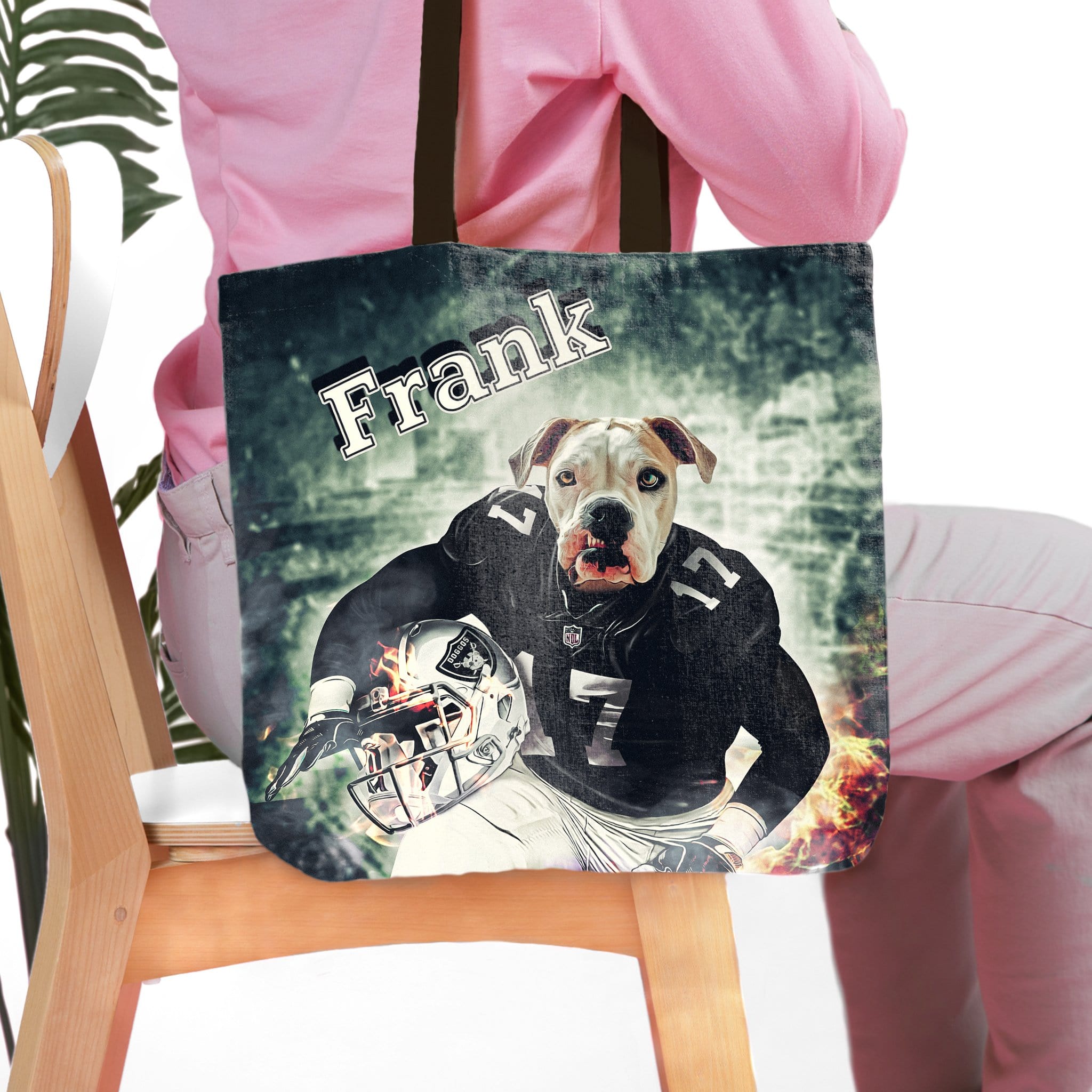 Personalized Oakland Doggos tote bag with a custom dog portrait in a football uniform.