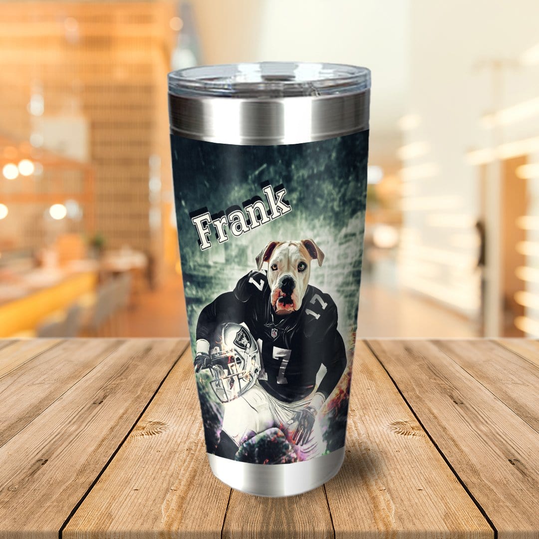 Personalized stainless steel tumbler with a custom dog portrait in a football uniform, named "Frank.