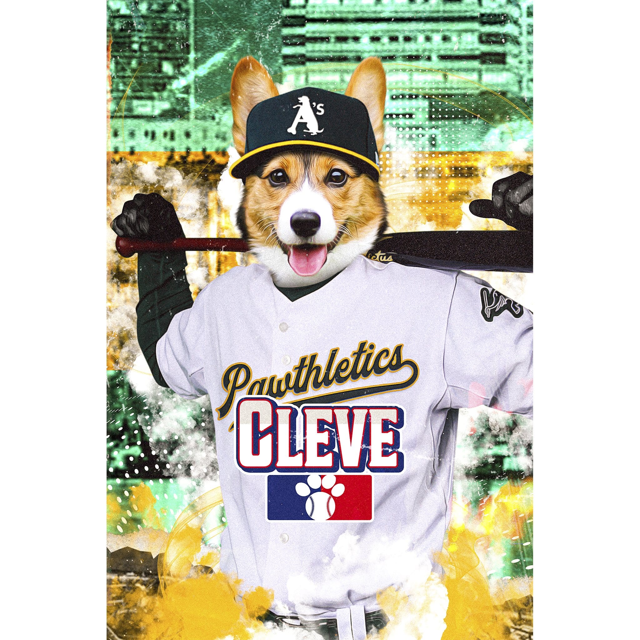 Custom digital portrait of a Corgi pet in an Oakland Pawthletics baseball uniform.